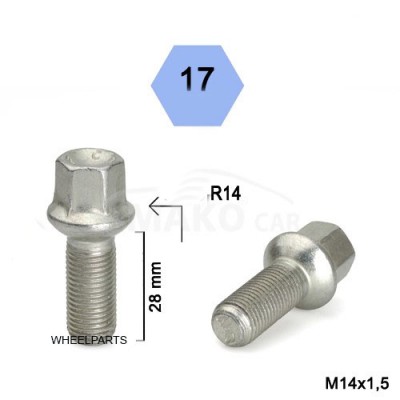 Wheel bolt M14x1.5x28 Ball seat H17 Silver R14