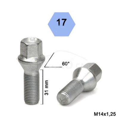 Wheel bolt M14x1.25x31 Conical H17 Silver