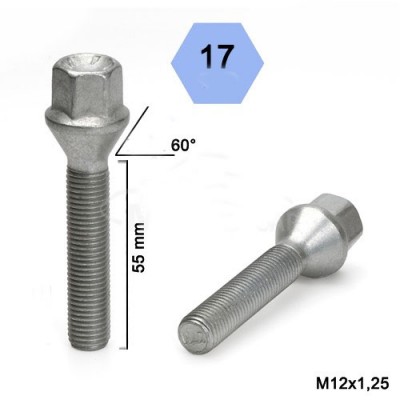 Wheel bolt M12x1.25x55 Conical H17 Silver